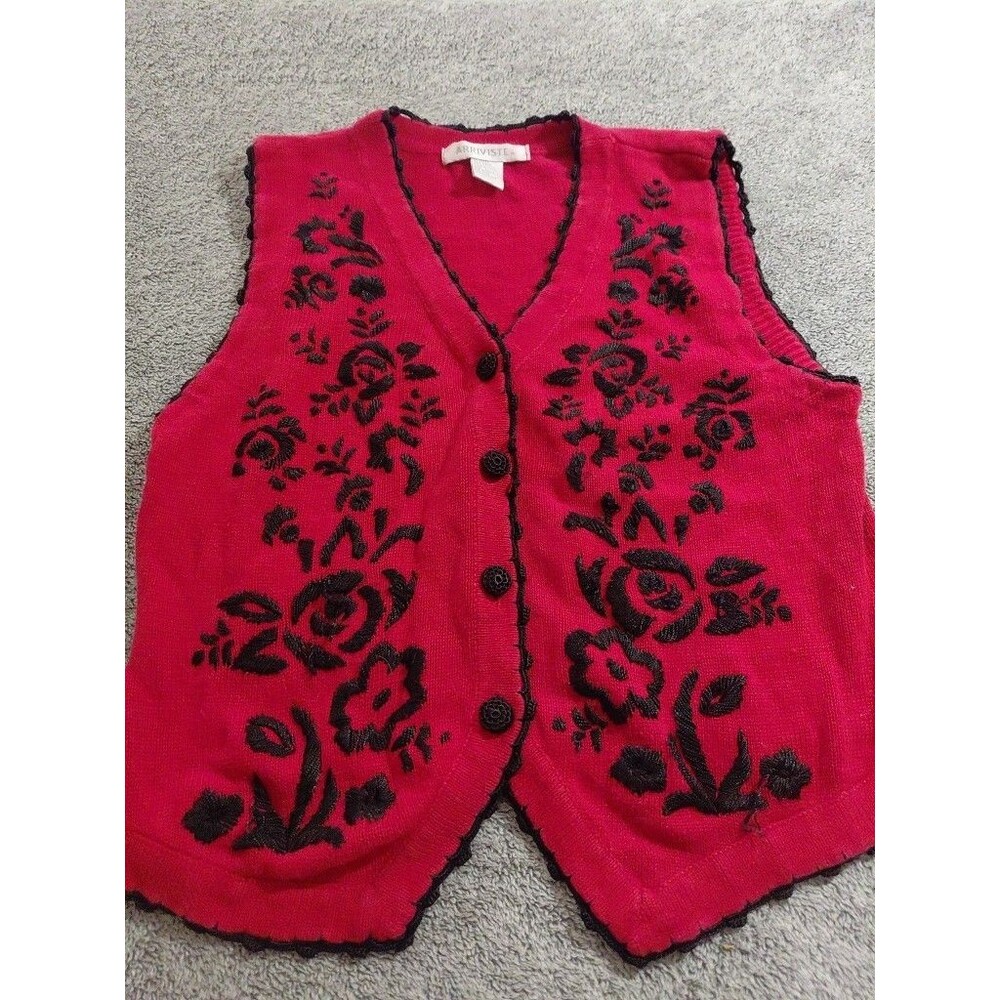 VTG Arriviste Embroidered Floral Red And Black Christmas Sweater Vest Size M